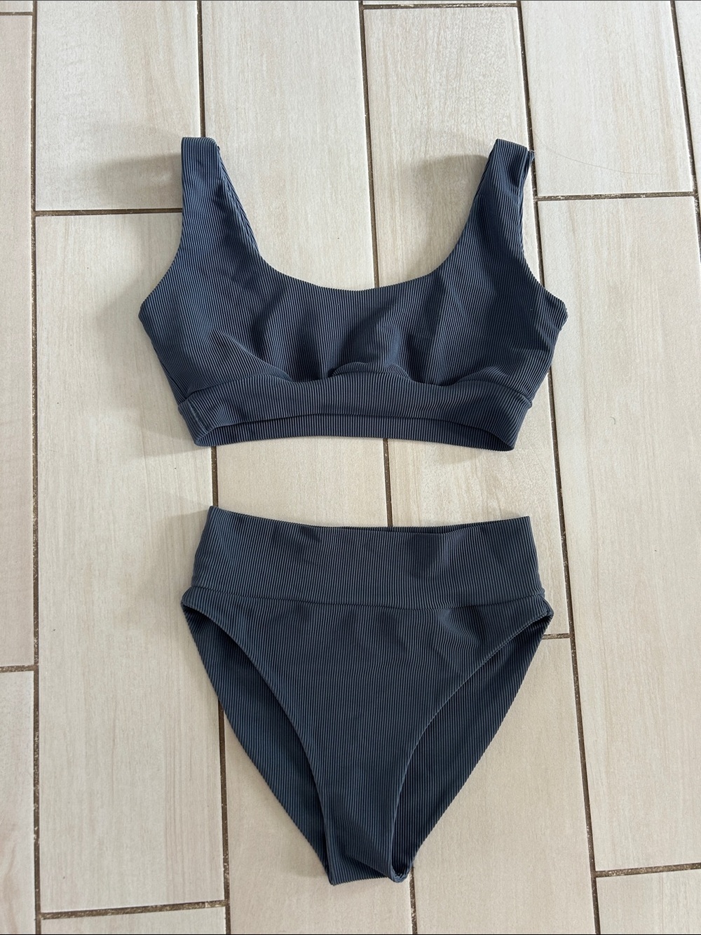 Tatum Ribbed High-wWaist Bikini Set in Charcoal